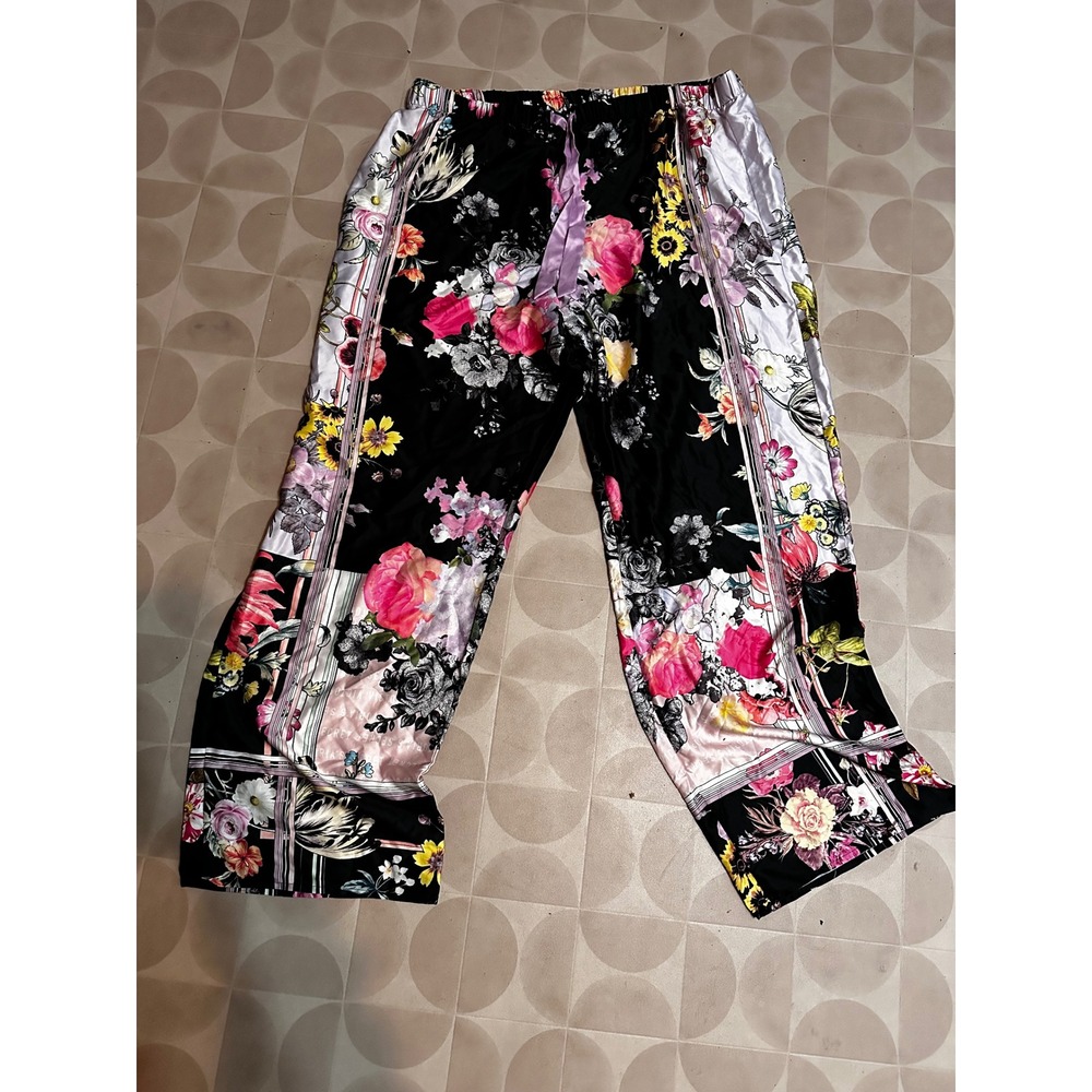 Victorias Secret Floral Scarf Print Satin Pajama Pants XL Black Pink New